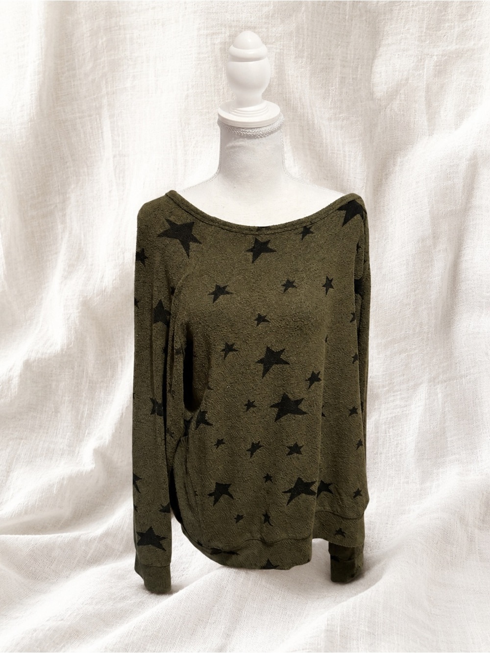 Y2K Olive Green Star Print Lightweight Sweater